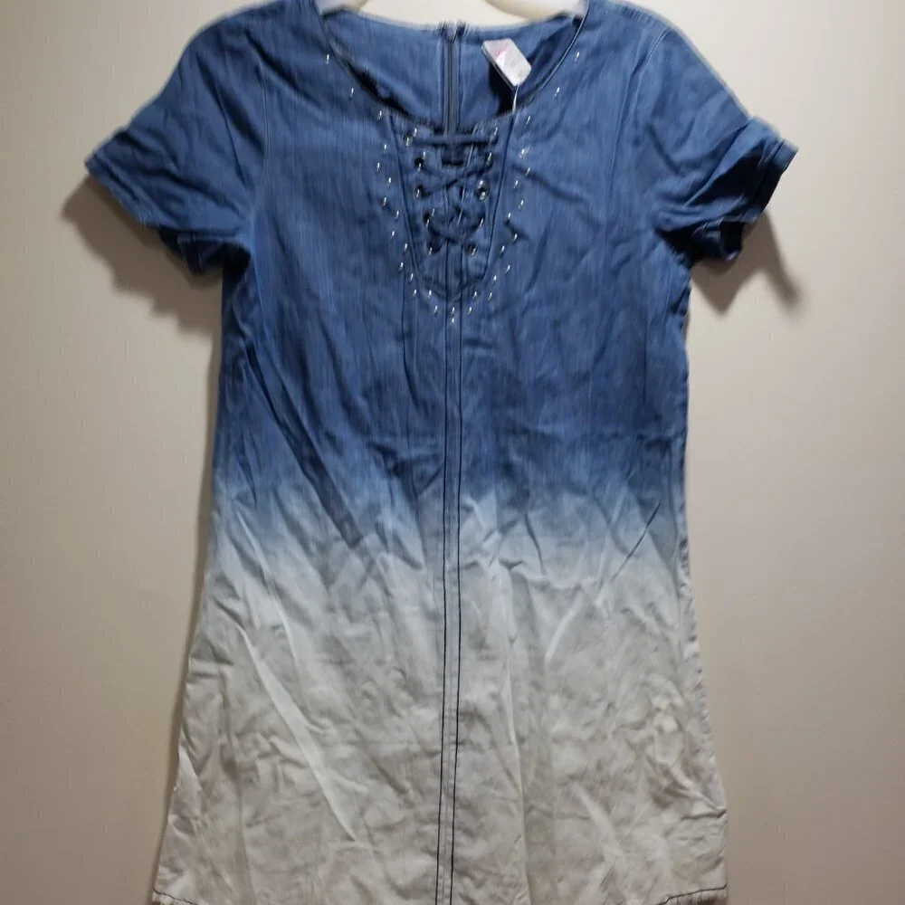 Justice Girls Ombré Chambray Lace-Up Dress – Size 12 – Short Sleeve Denim Look